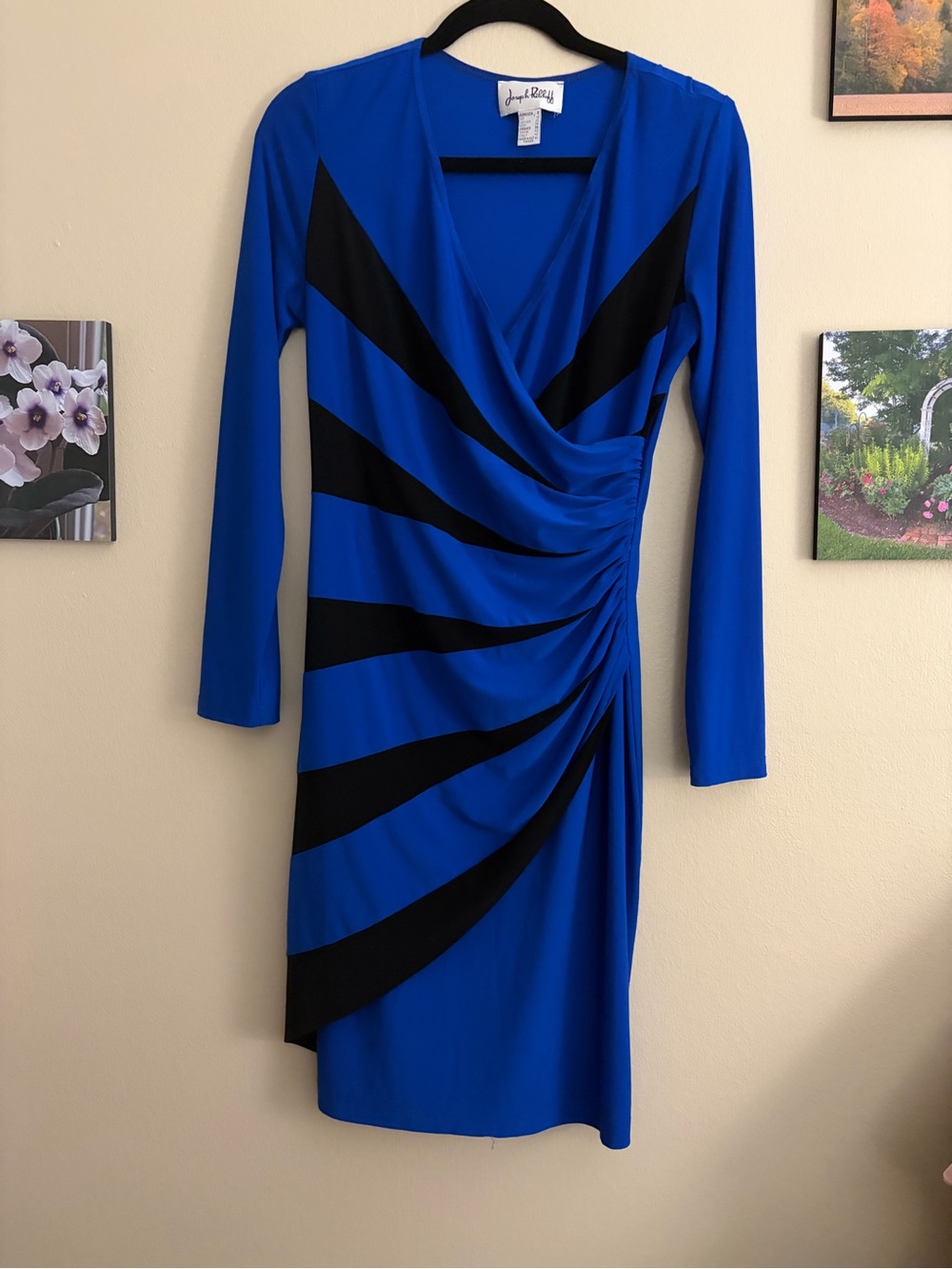 Joseph Ribkoff Blue and Black Draped Faux-Wrap Long Sleeve Dress. Stylish!!!